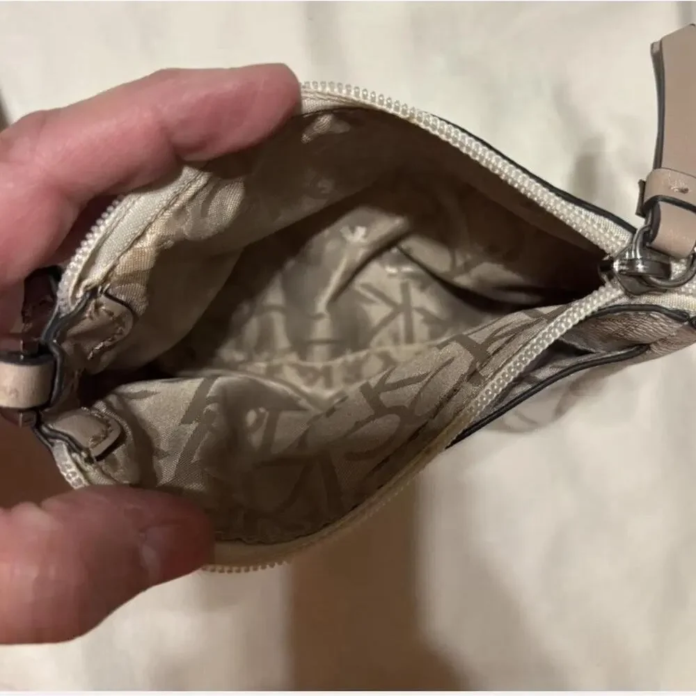 Calvin Klein Monogram Wristlet Pouch Cream Beige Zip Top Mini Bag Wallet Purse￼